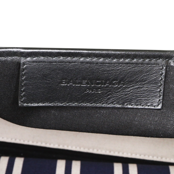Balenciaga Navy cabas small model shopping bag in navy blue, white and black tricolor canvas and black leather - Detail D3