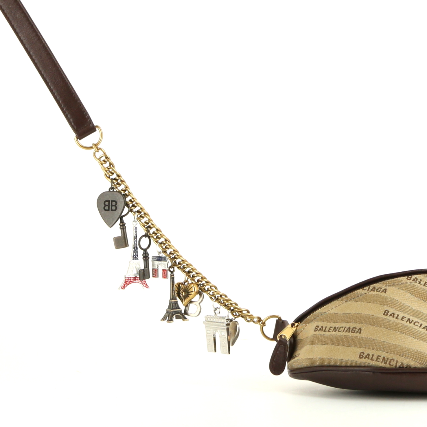 Pochette-cintura Balenciaga Souvenir in tela siglata beige e pelle marrone - Detail D2