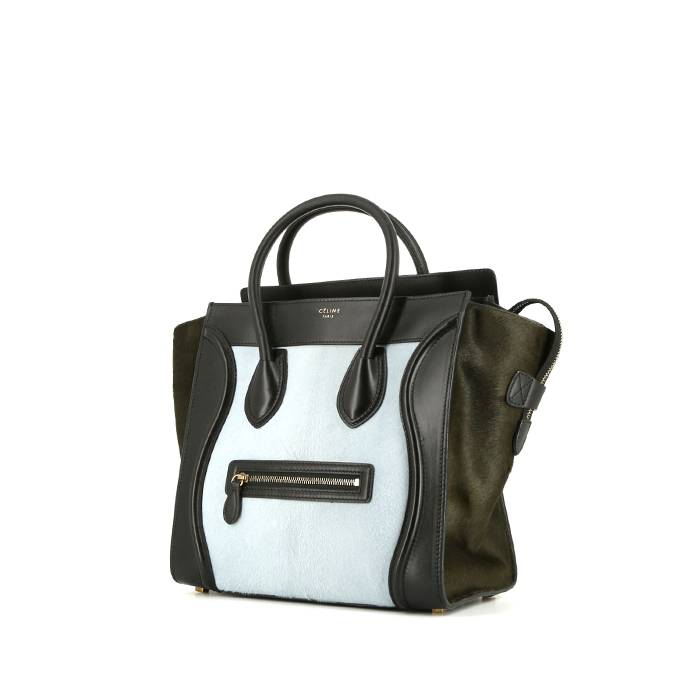 Celine Luggage Mini handbag in Bleu Pale and dark green foal and black leather - 00pp