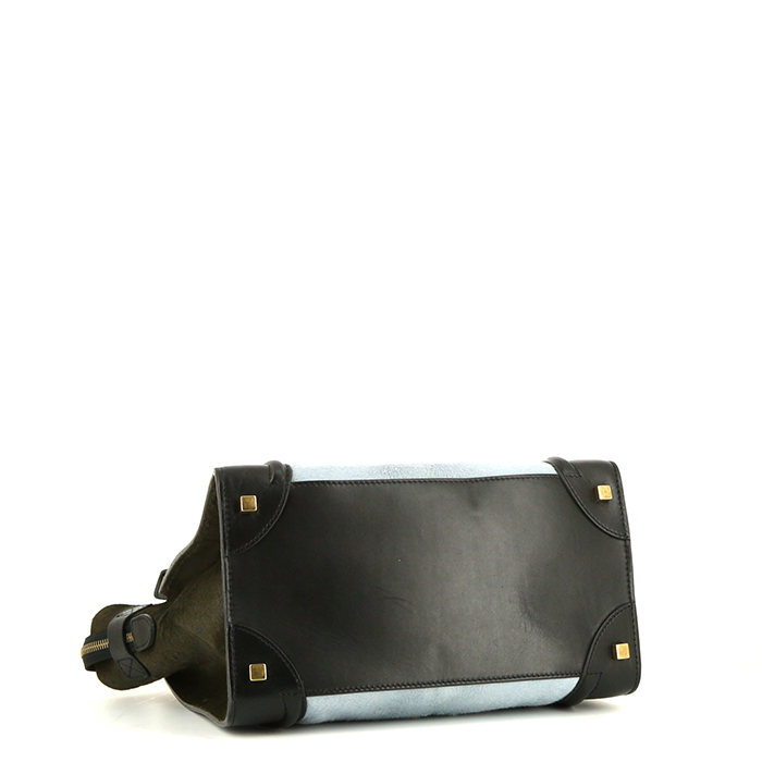 Borsa Celine Luggage Mini in puledro Bleu Pale e verde scuro e pelle nera - Detail D4