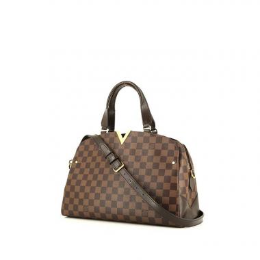 Borsa Louis Vuitton Kensington in tela cerata con motivo a scacchi ebano e pelle marrone