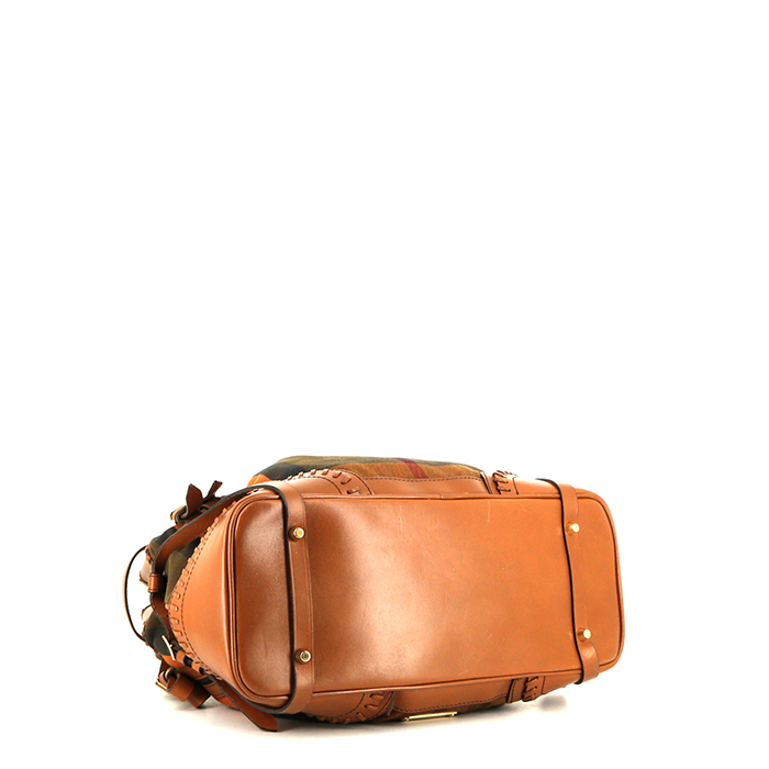 Borsa Burberry in tela Haymarket verde kaki e pelle marrone - Detail D4