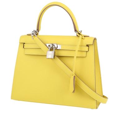 Bolso de mano Hermes Kelly 25 cm en cuero epsom amarillo Lime