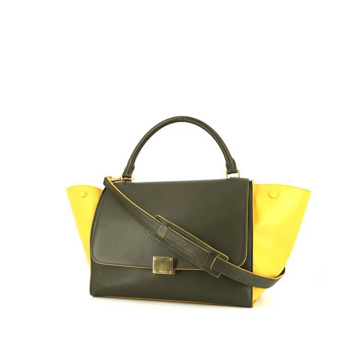 Celine Trapeze handbag in yellow and khaki bicolor leather - 00pp