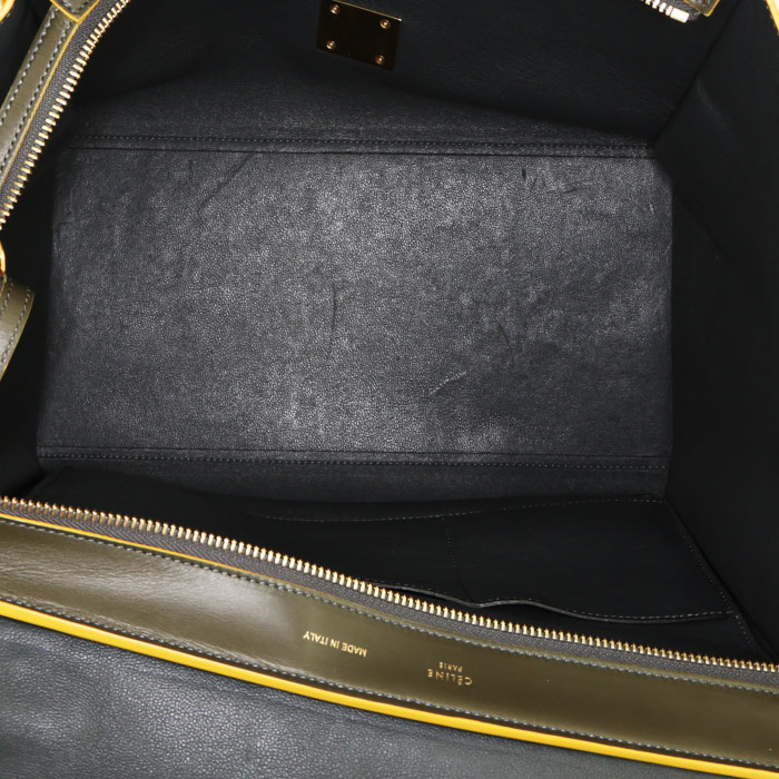 Celine  Trapeze medium model  handbag  in yellow and khaki bicolor  leather - Detail D3