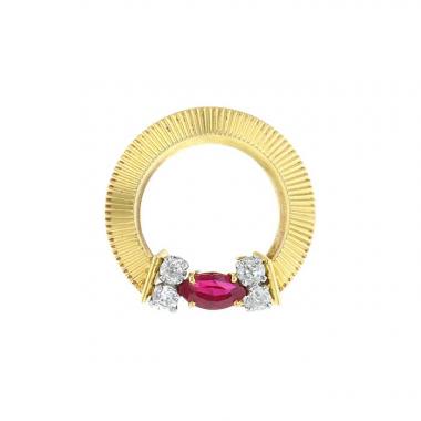Mellerio 1950's brooch in yellow gold, diamonds and ruby treated (glassfield)
