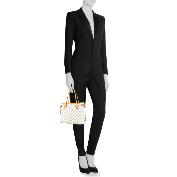 Louis Vuitton Neverfull shopping bag in azur damier canvas and natural leather - Detail D1