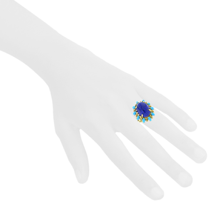 Bague Vintage en or jaune 14k,  lapis-lazuli et turquoises - Detail D1