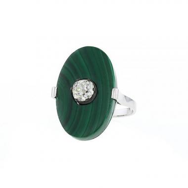 Bague époque années 40 Vintage en or blanc, malachite et diamant