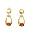 Vintage 1970's pendants earrings in yellow gold,  coral and onyx - 00pp thumbnail