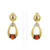 Vintage 1970's pendants earrings in yellow gold,  coral and onyx - 360 thumbnail