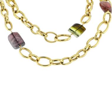 Vintage long necklace in yellow gold and tourmaline