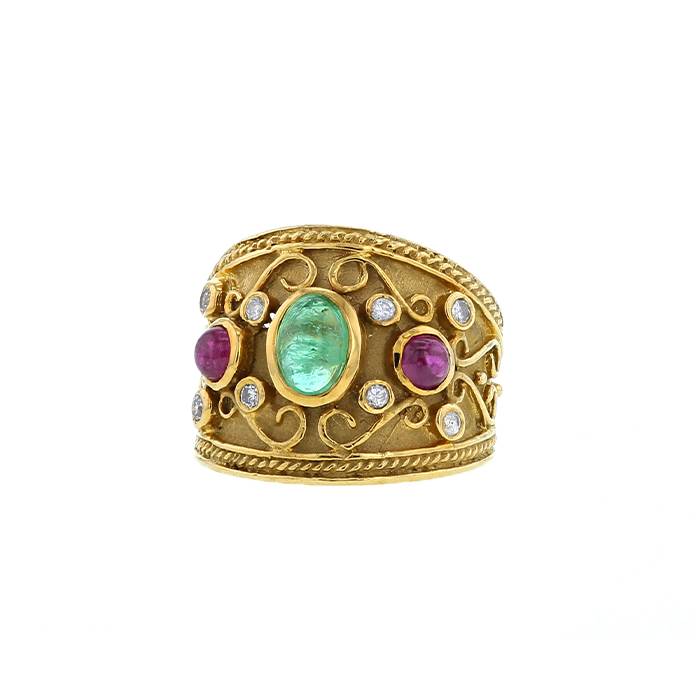 Vintage ring in yellow gold,  emerald and ruby - 00pp