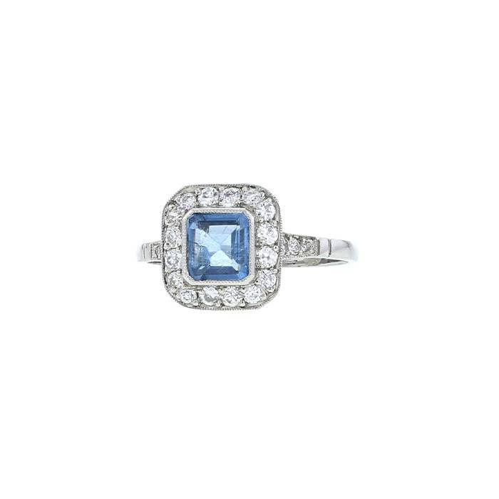 Sortija Vintage  de platino, aguamarina y diamantes - 00pp