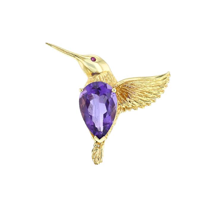 Broche Vintage en or jaune 14 carats,  améthyste et rubis