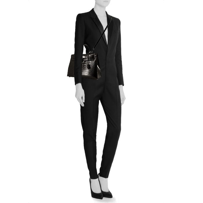 Sac à main Hermes Kelly 32 cm en crocodile porosus noir - Detail D2