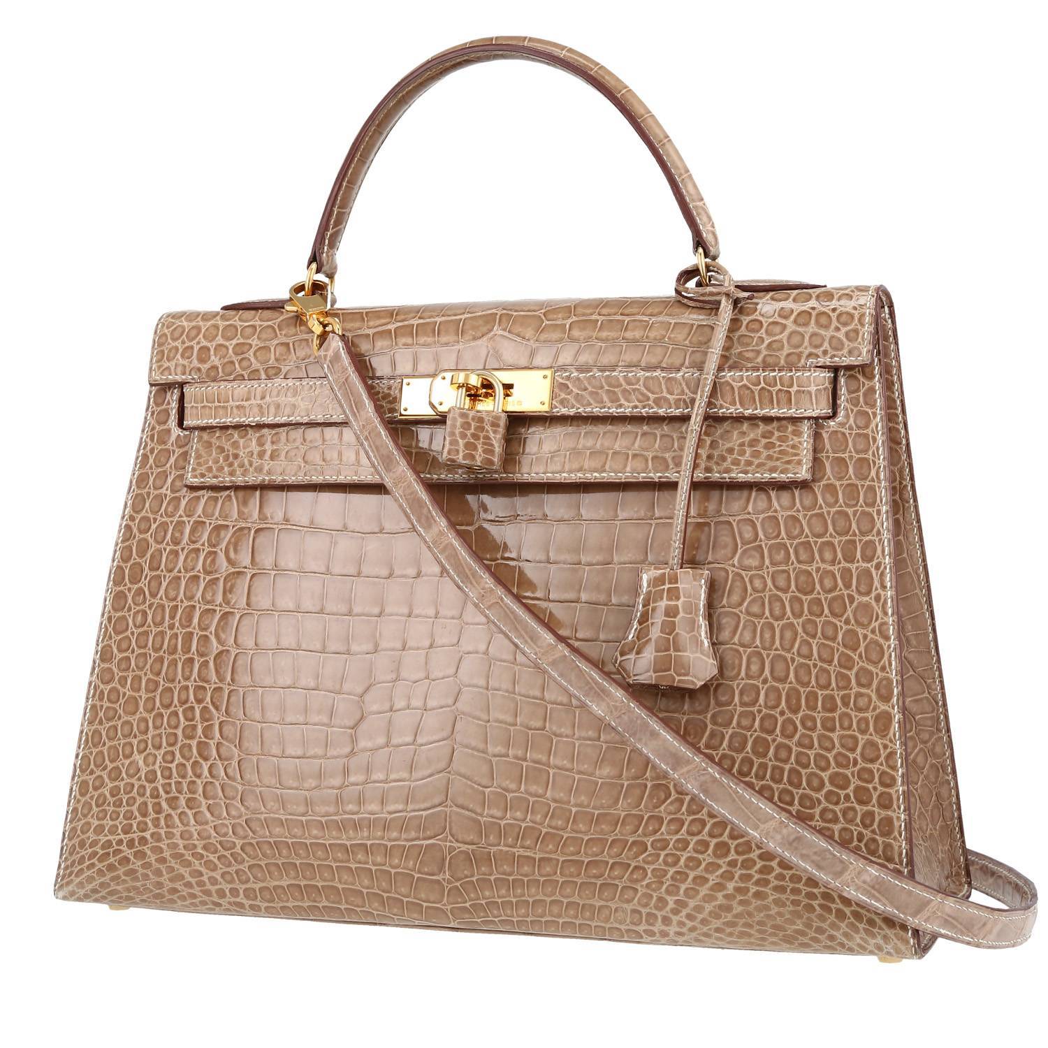 Hermes Kelly 32 cm handbag in beige Ficelle porosus crocodile - 00pp