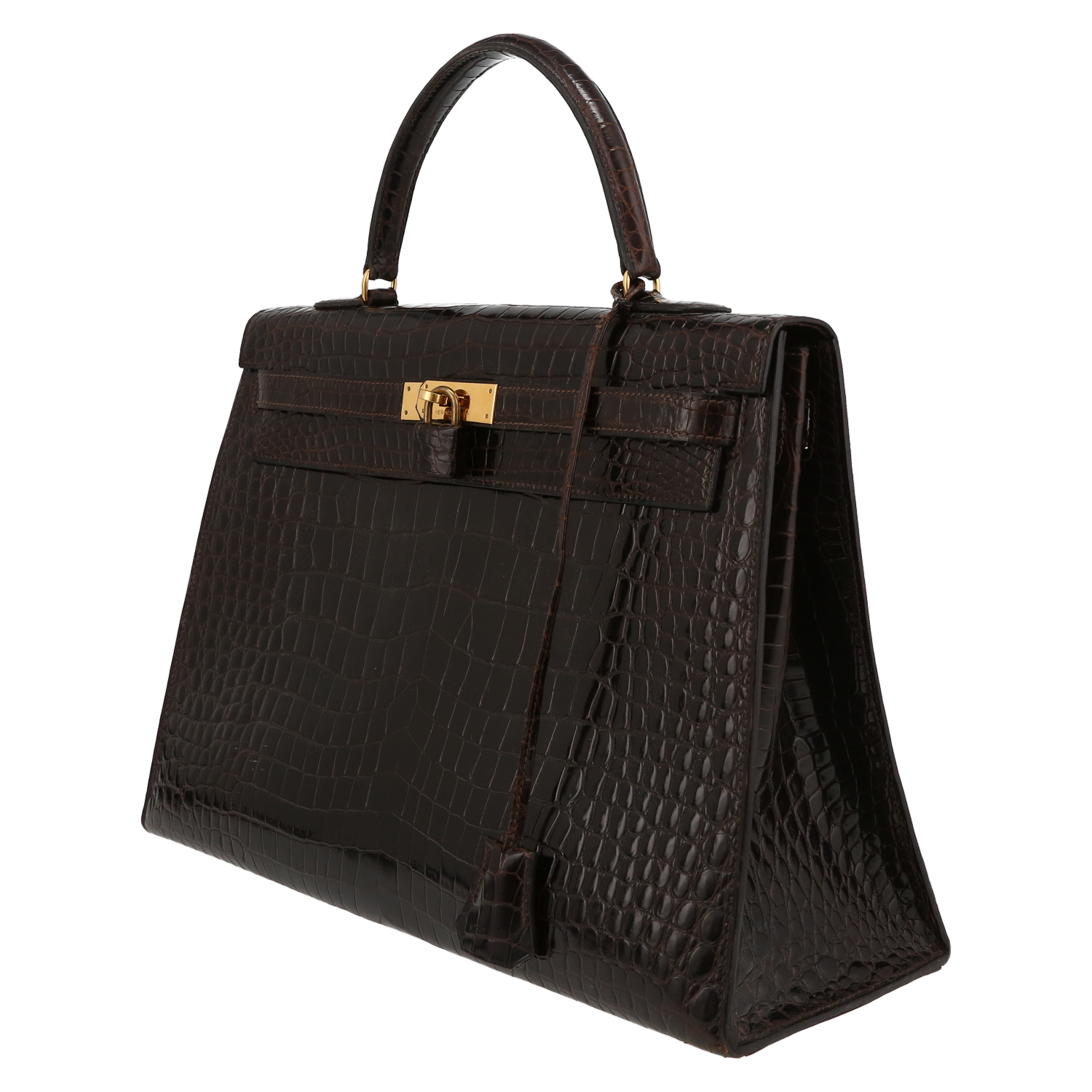 Hermès  Kelly 35 cm handbag  in brown Cacao porosus crocodile - Detail D3