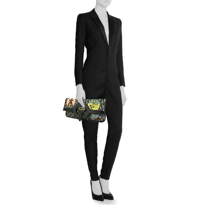 Dior pouch in navy blue and beige monogram canvas Oblique and black leather - Detail D1