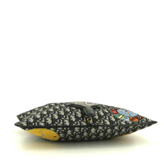 Bolsito de mano Dior en lona Monogram Oblique azul marino y beige y cuero negro - Detail D5