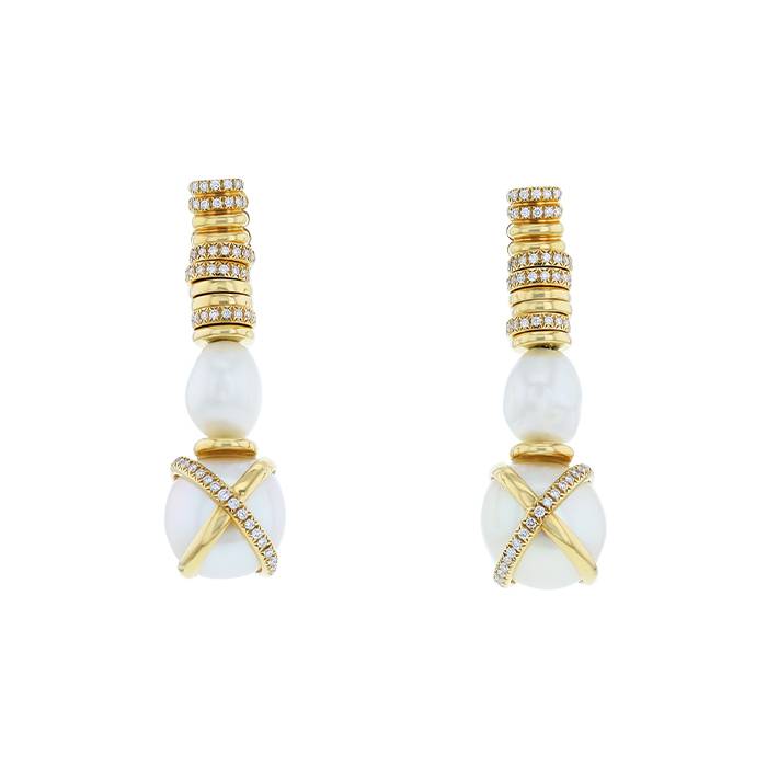 Fred Baie des Anges pendants earrings in yellow gold,  cultured pearls and diamonds - 00pp