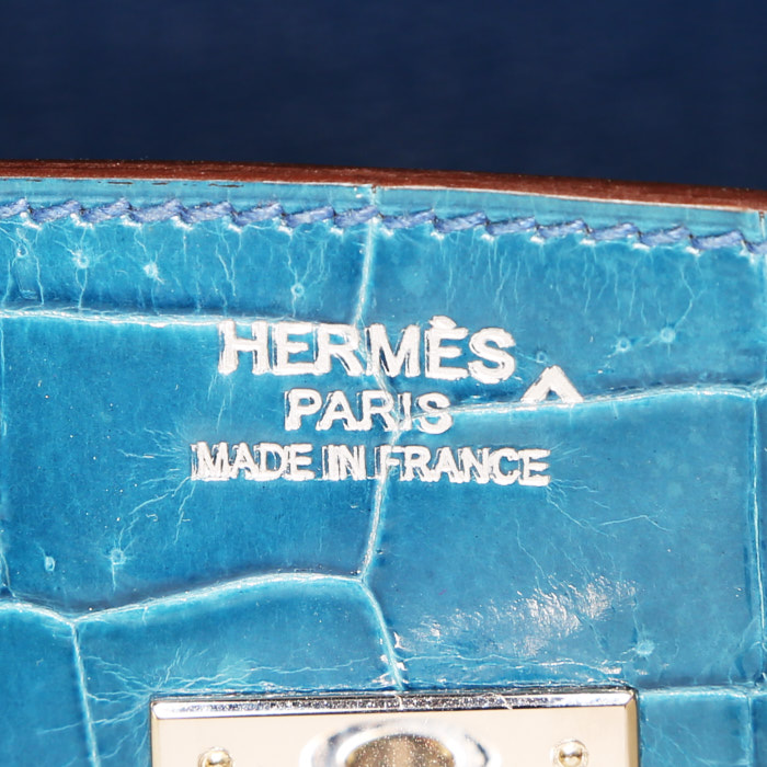 Borsa Hermes Birkin 35 cm in coccodrillo marino blu Mykonos - Detail D3