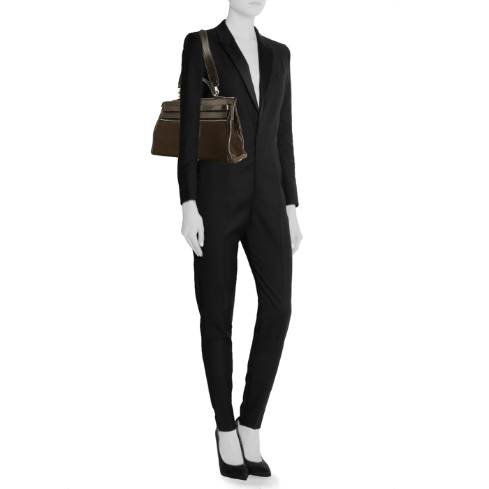 Hermes Kelly Lakis handbag in brown box leather and brown canvas - Detail D2