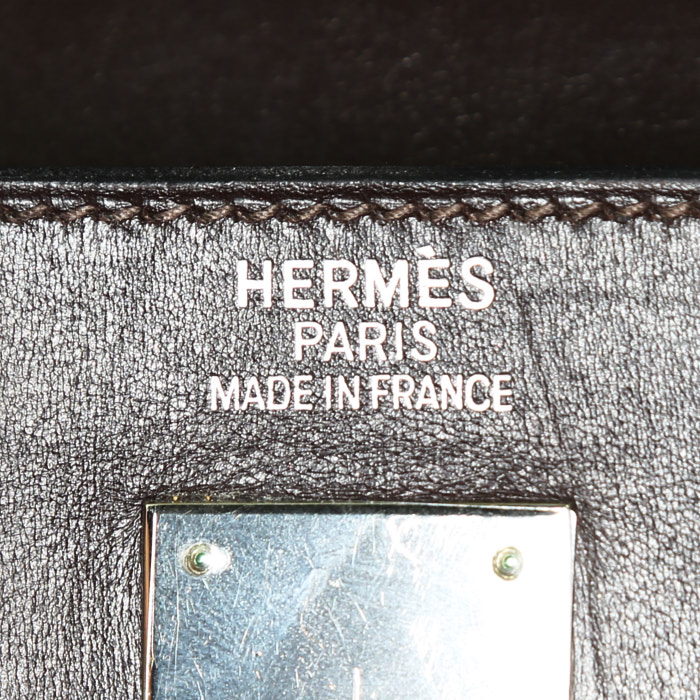 Hermes Kelly Lakis handbag in brown box leather and brown canvas - Detail D4