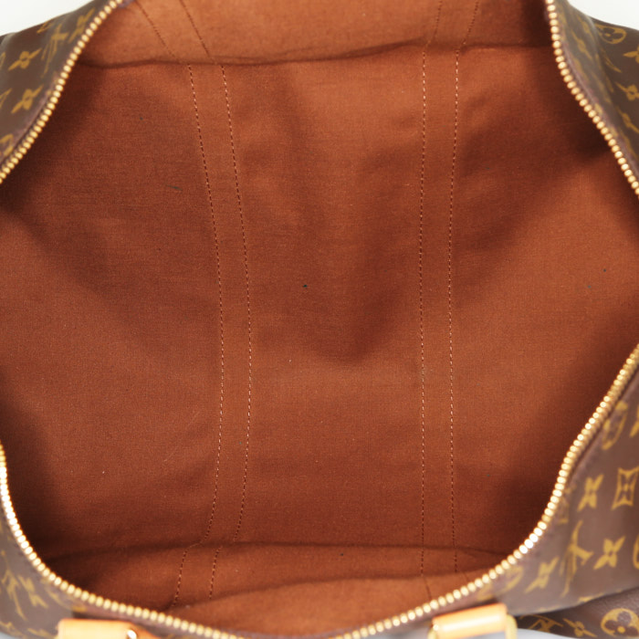 Borsa da viaggio Louis Vuitton Keepall 50 cm in tela monogram marrone e pelle naturale - Detail D2