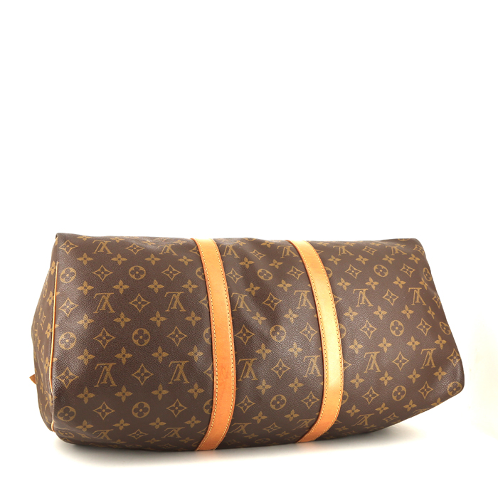 Sac de voyage Louis Vuitton Keepall 50 cm en toile monogram marron et cuir naturel - Detail D4