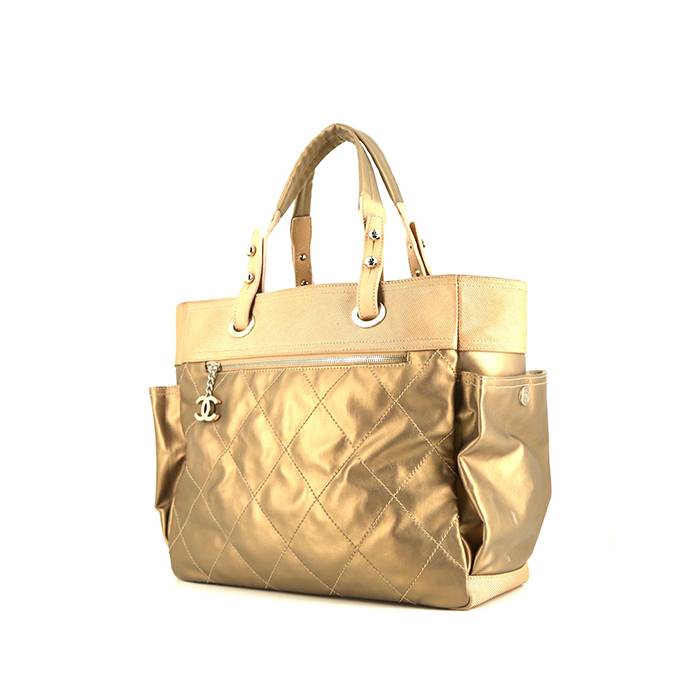 Chanel shopping bag in gold coated canvas and beige canvas - 00pp
