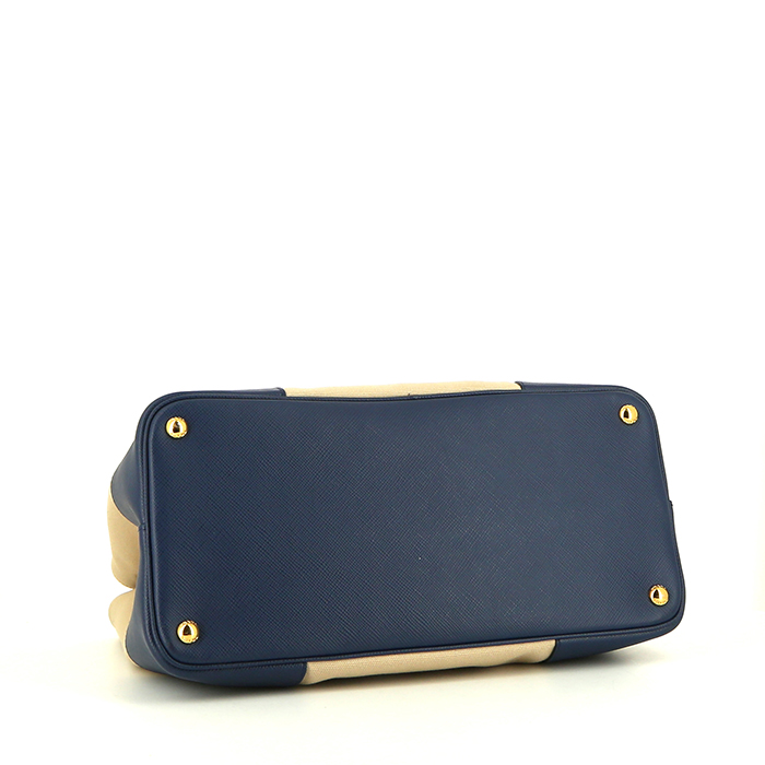Shopping bag Prada Double in tela beige e pelle blu - Detail D5