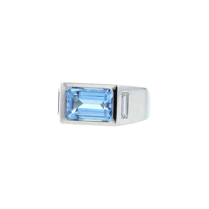 Vintage signet ring in platinium,  aquamarine and diamonds - 00pp