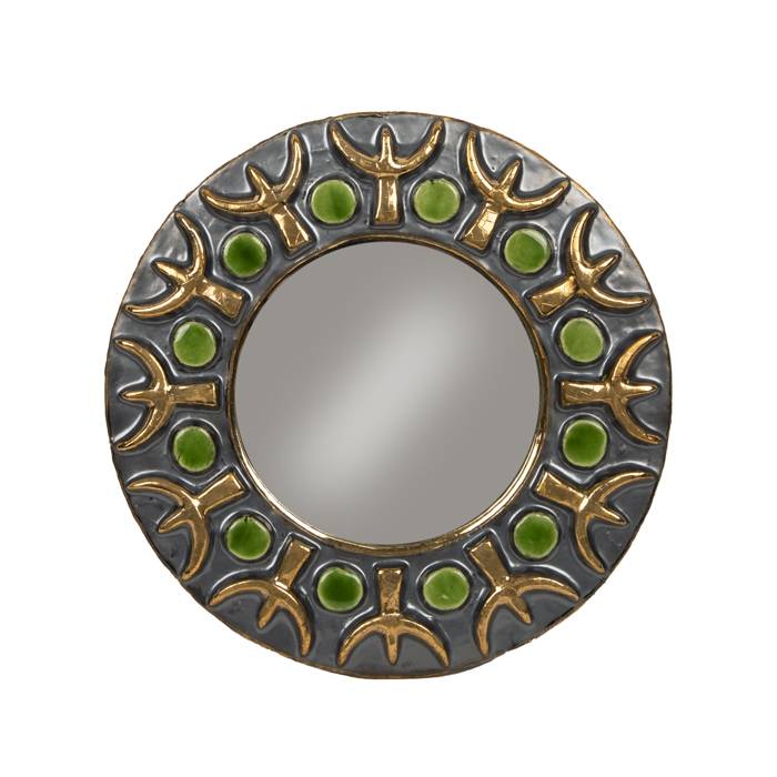 Mithé Espelt, "Tridents" mirror, in embossed and glazed earthenware, crackled gold, around 1952 - 00pp