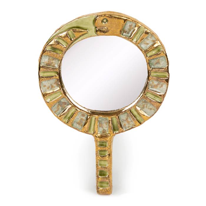 Mithé Espelt, "Ouroborost" hand mirror, in embossed and glazed earthenware, crackled gold and crystallised glass, from the 1960’s - 00pp