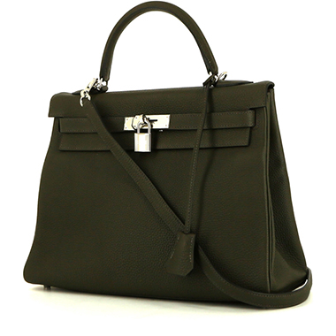 Bolso de mano Hermes Kelly 32 cm en cuero togo Vert de Gris