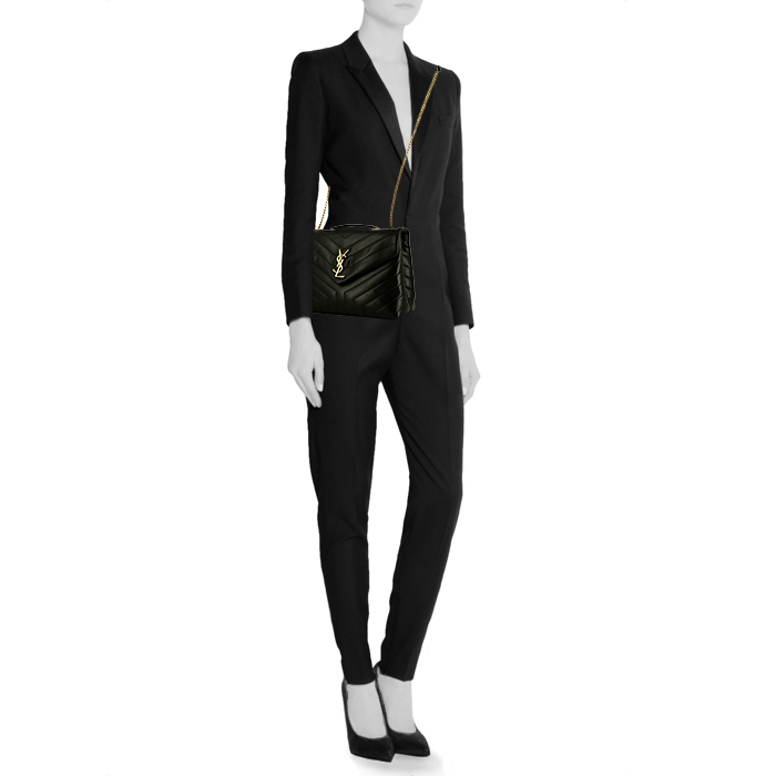 Saint Laurent Loulou medium model shoulder bag in black chevron quilted leather - Detail D2