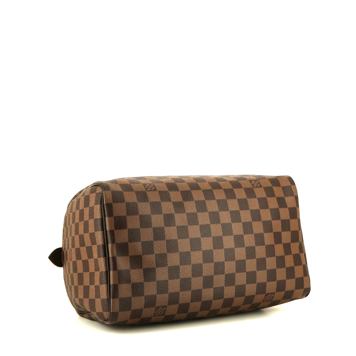 Sac à main Louis Vuitton  Speedy 30 en toile damier ébène et cuir marron - Detail D4
