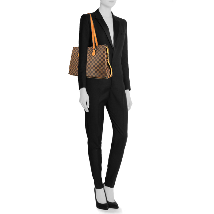 Shopping bag Louis Vuitton in tela a scacchi ebana e pelle naturale - Detail D1