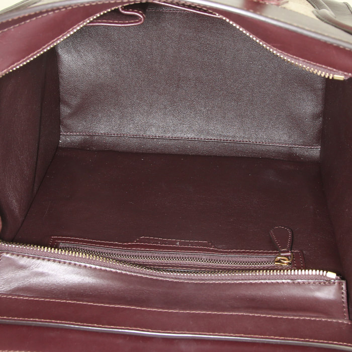 Sac à main Celine  Luggage moyen modèle  en cuir bordeaux et violet et toile beige - Detail D2