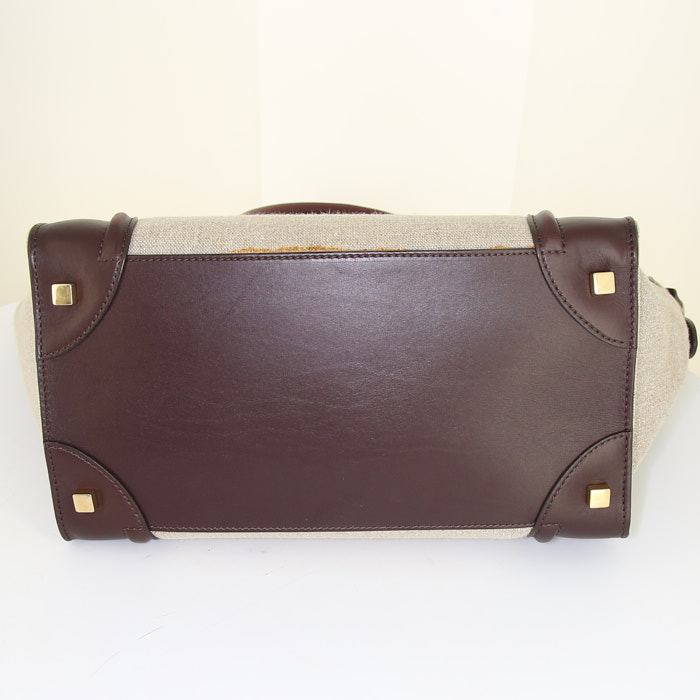 Celine  Luggage medium model  handbag  in burgundy and purple leather  and beige canvas - Detail D4