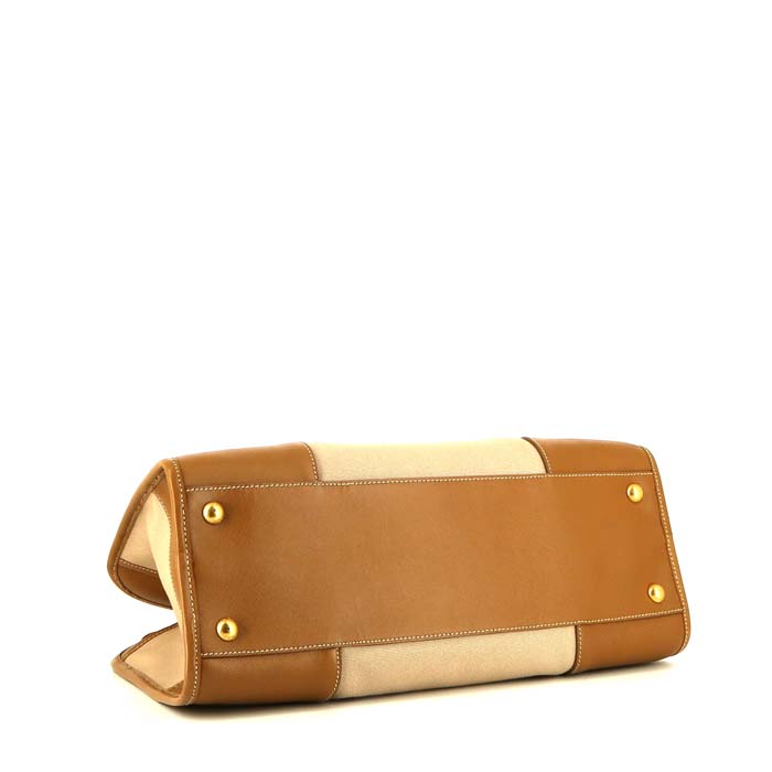Shopping bag Prada in tela beige e pelle gold - Detail D4