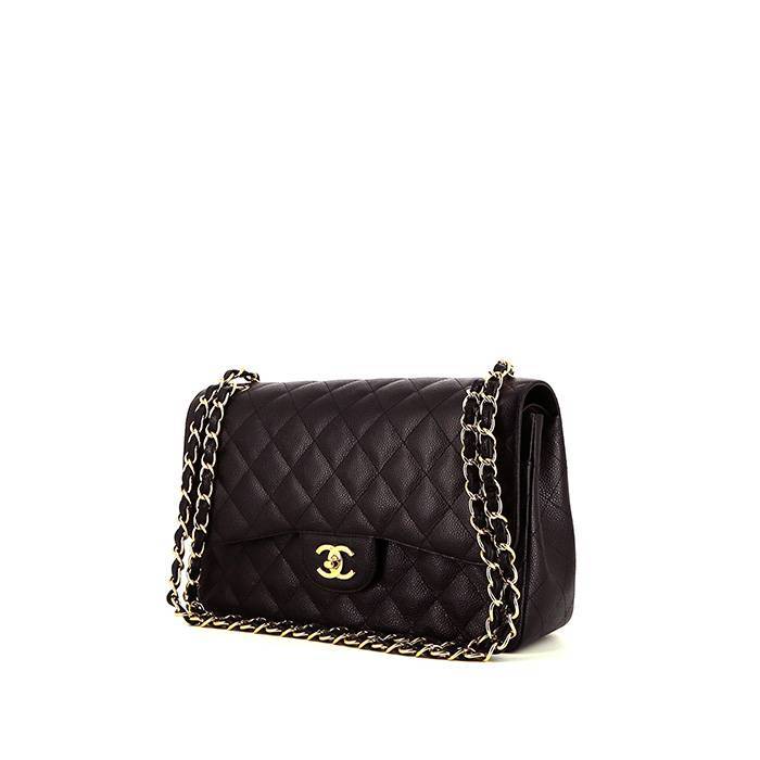 Chanel Timeless jumbo handbag in black quilted grained leather - 00pp