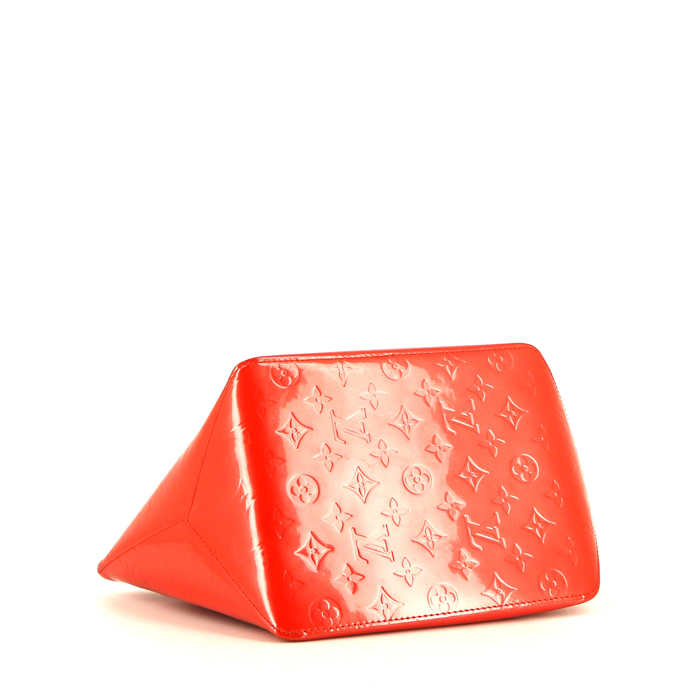 Sac à main Louis Vuitton Bellevue en cuir verni monogram orange et cuir naturel - Detail D4
