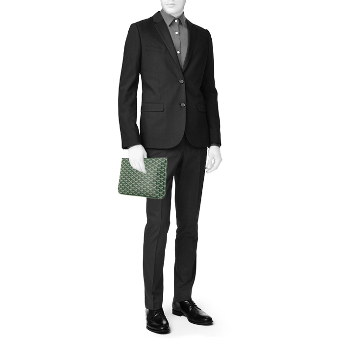 Bolsito de mano Goyard Sénat modelo mediano en tela Goyardine verde y cuero verde - Detail D1