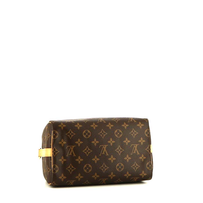 Bolso bandolera Louis Vuitton Speedy 25 cm en lona Monogram marrón y cuero natural - Detail D5