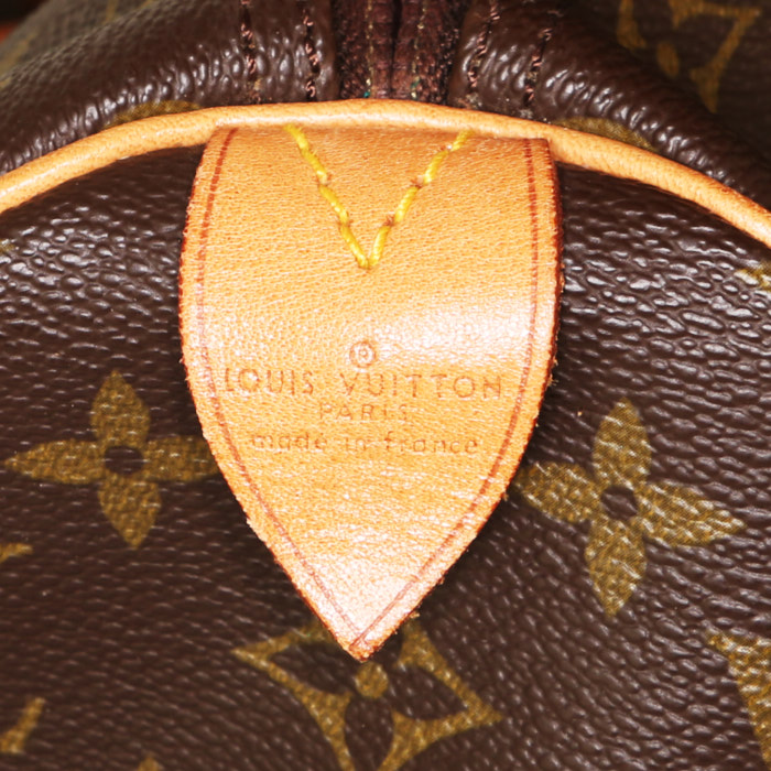 Sac de voyage Louis Vuitton Keepall 45 en toile monogram marron et cuir naturel - Detail D3