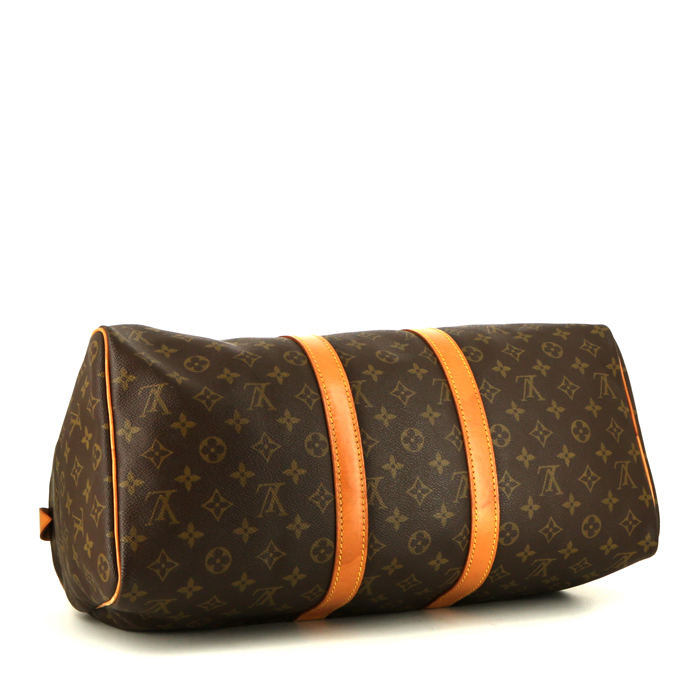 Bolsa de viaje Louis Vuitton Keepall 45 en lona Monogram marrón y cuero natural - Detail D4