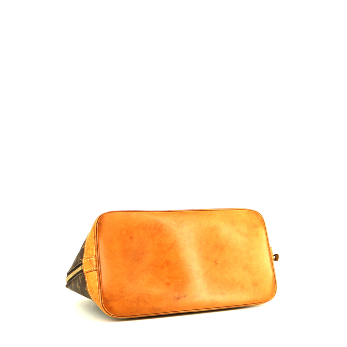 Bolso de mano Louis Vuitton Alma modelo mediano en lona Monogram marrón y cuero natural - Detail D4