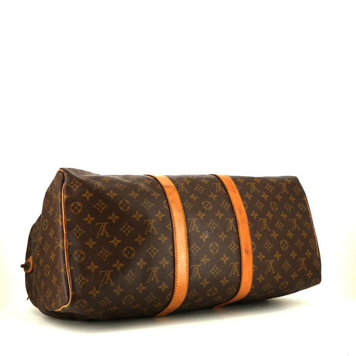 Sac de voyage Louis Vuitton Keepall 50 cm en toile monogram marron et cuir naturel - Detail D4